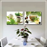 现代简约餐厅装饰画 餐桌背景墙双联无框画 清新绿色水果静物花瓶