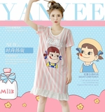 夏季韩国睡衣粉色卡通牛奶妹竖条纹短袖睡裙子宽松女士纯棉家居服