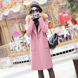 韩版冬季学生连帽毛球加厚带帽毛呢外套女中长款夹棉粉色呢子大衣