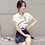 2016年夏季新款韩范时尚女装衬衫领短袖印花短裤两件套装潮流百搭