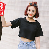 布衣传说女装 2016夏季新韩版修身圆领纯色休闲露肚脐显瘦短袖T恤