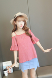 2016夏装韩版条纹一字领露肩吊带荷叶袖娃娃衫宽松百搭短袖上衣