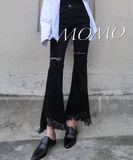 MOMO韩国韩版新款破洞流苏不规则裤脚显瘦大气牛仔喇叭裤潮
