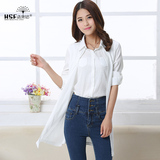 2016春季新款韩版拼接修身长袖假两件衬衫女装棉麻中长款白色上衣