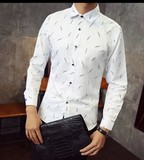 春季韩版修身条纹长袖衬衫男装流行衬衣潮流青年休闲格子男士衬衫