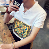2016夏季龙袍刺绣V领短袖T恤男士加肥加大码半袖T恤中国风潮男装