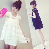 2015夏女装韩国性感透视中长款蕾丝衫罩衫无袖宽松气质甜美娃娃衫