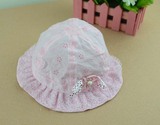 春夏新款贸出口韩国女童女宝宝婴儿帽子镂空透气布帽公主帽粉色