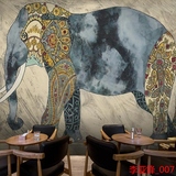 东南亚复古风格温馨大象涂鸦壁画壁纸 泰国餐厅客厅饭店背景墙纸