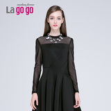 Lagogo新款黑色收腰蓬蓬裙性感小黑裙连衣裙EDB935J901