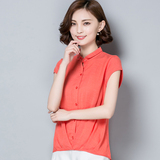 韩版女士衬衫短袖 2016夏季新款女装雪纺衫上衣 宽松休闲立领衬衣