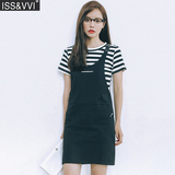 2016夏季韩版学生修身黑色可拆卸背带裙套装+条纹T恤女背心裙短裙