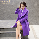 2015冬装新款韩版西装领开叉时尚宽松中长款羊毛呢子大衣女外套潮