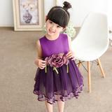 2016学校表演小孩紫色礼服女童连衣裙夏季儿童无袖公主蓬蓬纱裙子