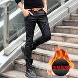 秋冬季男士黑色皮裤加绒加厚PU韩版弹力修身小脚保暖长裤