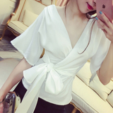 2016夏装新款韩版女装性感修身蝴蝶结V领短袖T恤纯色气质上衣潮