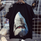 2016新款欧美潮流大白鲨鲨鱼印花情侣装男女圆领纯棉短袖t恤