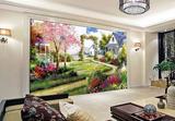 3D大型立体无缝壁画卧室客厅电视沙发背景墙木雕欧美乡村花园油画