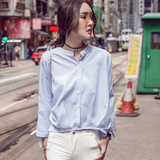 2016秋季韩国新款长袖衬衫女百搭立领直筒插肩蓝白条纹显瘦上衣潮