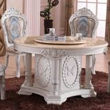 高档大理石圆桌欧式白色实木圆形餐桌椅组合简约现代带转盘圆桌子