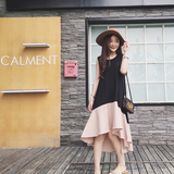 夏季新款女装韩版纯色无袖连衣裙不规则拼色下摆荷叶边拼接中长裙