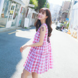夏装新款韩版复古棉麻格子圆领短袖A字无袖连衣裙可爱甜美娃娃裙