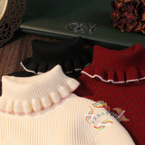 2015冬新品女童好品质羊绒针织衫甜美木耳滚边撞色高领打底衫