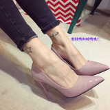 韩版夏季女粉色高跟鞋细跟尖头漆皮单鞋浅口红色婚鞋小码31 32 33