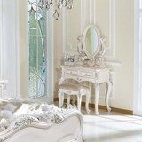 法式田园梳妆台凳子绒布象牙白色欧式化妆凳 雕花公主妆凳换鞋凳