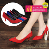 春秋季韩版尖头高跟鞋细跟性感红色婚鞋浅口甜美绒面淑女中跟单鞋