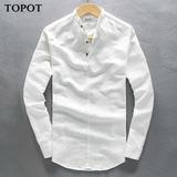 TOPOT2016春长袖两穿亚麻衬衫 时尚立领套头衫纯色白男士休闲衬衣