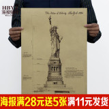美国纽约自由女神像手绘图纸 复古建筑牛皮纸海报 墙贴无框装饰画