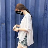 韩国夏季宽松简约圆领棉质短袖打底衫 侧边开叉纯色T恤女上衣