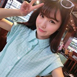 2016新款韩版大码修身格子衬衫女夏季短袖学生少女纯棉薄款衬衣潮