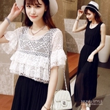 韩版新款夏季吊带背心长裙两件套装女短袖蕾丝罩衫大码雪纺连衣裙