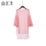 夏季新品韩版宽松纯色百搭中长款雪纺衫开衫女七分袖前短后长衬衫