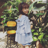 2016韩国原创夏季新款后背系带花边娃娃衫 喇叭袖方领荷叶边衬衫
