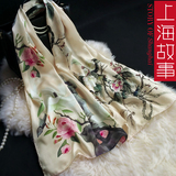 上海故事油画印花真丝围巾长款女缎面披肩两用100%桑蚕丝丝巾正品