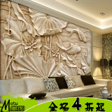 仿木雕浮雕画新古典中式大型壁画3D立体壁纸客厅电视背景墙荷花鱼