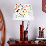 红木创意台灯新中式仿古床头手绘布艺书桌装饰台灯卧室书房花鸟