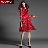 WVFV欧美2016春夏季新款女装A字显瘦复古红色印花真丝长袖连衣裙