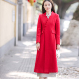 2016秋冬新款女装中国风复古红色羊修身时尚长款毛呢外套厂家批发