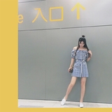2016夏季韩日系一字露肩吊带泡泡袖单排扣牛仔A字显瘦衬衫连衣裙