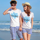 2016沙滩情侣短袖T恤套装海边度假必备海军风连衣