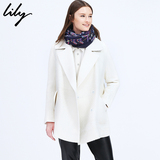 Lily2015冬新款女装欧美交叉领纯色口袋羊毛毛呢大衣115340F1115
