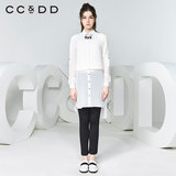 CCDD2016秋装新款专柜正品女纯色直筒修身不规则摆长款雪纺白衬衫