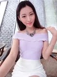 2016韩版夏女装新款修身短袖T恤性感露肩波浪花边一字领针织上衣