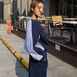 韩国东大门代购2015秋冬新款宽松显瘦卫衣女个性拼接竖条纹衬衣潮