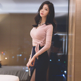 2016春秋 韩版性感V领修身显瘦系带短款长袖优雅打底上衣女