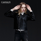 CV2016欧美时尚春季新款黑色pu皮长袖拉链短款外套女CF4644D